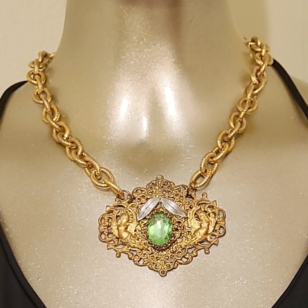 VINTAGE HANDMADE REPURPOSED ANGEL CRYSTAL PENDANT NECKLACE